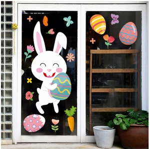 Detailed Easter window stickers featuring bunny, colorful eggs and flower patterns