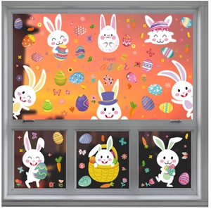 Macro view of Happy Easter window decals featuring cartoon bunnies and colorful eggs