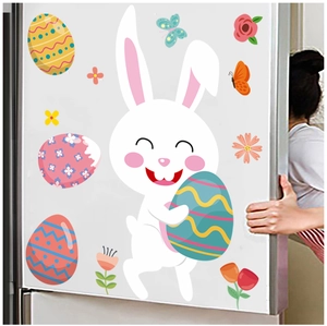 Easter rabbit and egg stickers applied to a white refrigerator for festive home decoration