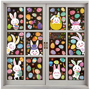 Detail of Happy Easter static window clings with cute bunnies and colorful eggs on glass