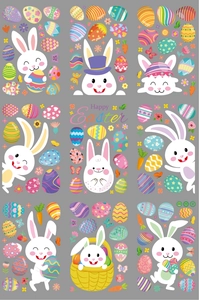 Detailed set of 9 Easter cartoon bunny and egg static window stickers in PVC material