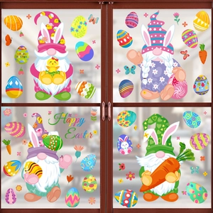 Easter window stickers featuring gnomes, rabbits and colorful eggs for home decor