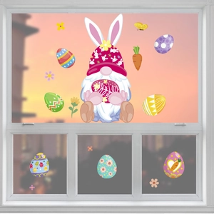 Easter gnome with bunny ears window stickers and colorful patterned eggs on glass pane