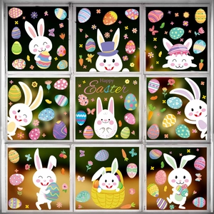 PVC Easter Window Clings Decorations Cartoon Bunny Colorful Eggs Flower Static Stickers For Glass Windows Party Home Holiday Decor