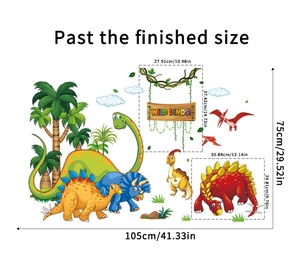Detailmaße der Cartoon Dinosaurier Wandsticker inklusive T-Rex und Palmen Elementen