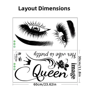 Detail view of Queen wall sticker with eyelashes, crown, roses and dimension markings