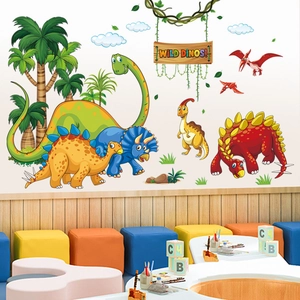 Bunte Cartoon Dinosaurier Wandtattoo Set mit Palmen für Kinderzimmer Wanddekoration