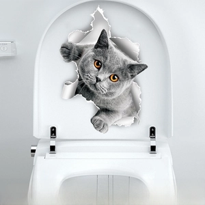 3D cat toilet lid sticker with dimensions 24cm by 16cm showing a cute grey cat peeking out