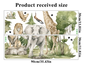 Layout-Details der Aquarell-Dschungeltier-Wandaufkleber mit Löwe, Elefant und Giraffe