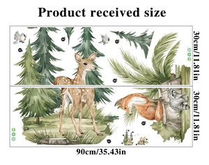 Detail von Aquarell-Wandaufklebern mit Waldtieren wie Hirsch und Fuchs sowie Maßen