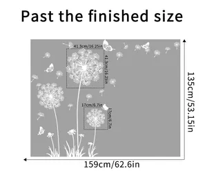 Detailed size chart for dandelion and butterfly wall stickers in blue and white
