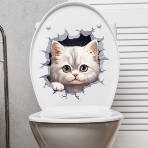 Detailed 3D cat sticker on toilet lid showing a white cat peering through a crack