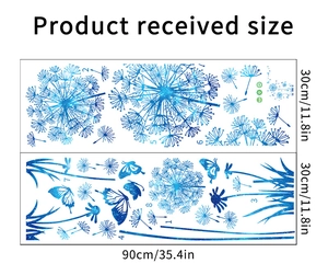 Detailed size chart showing 30x90cm dandelion and butterfly wall stickers for decor