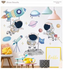 Cartoon astronaut and rocket wall decals set for creative children room decor