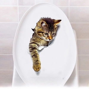 3D cat toilet sticker featuring a cute tabby kitten, waterproof PVC decal size 18x32cm