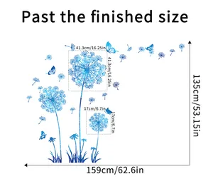 Size chart for dandelion and butterfly wall stickers with measurements in cm and inches