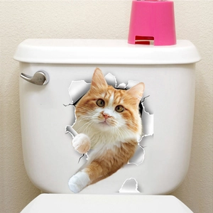 3D realistic orange cat wall decal peeking from cracked wall on white toilet surface