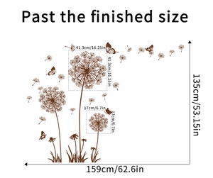 Detailed dimension chart for dandelion and butterfly wall stickers in brown