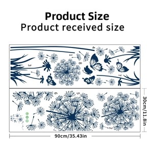 Detailed sheet showing blue dandelion and butterfly wall sticker dimensions 30x90cm