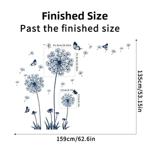 Detail diagram showing dimensions for blue dandelion and butterfly wall sticker set