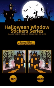 Double-sided Halloween window sticker featuring haunted house, bats, and pumpkin silhouette