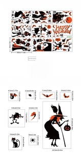 Size chart for 9 sheets of Halloween static window stickers with witch and pumpkin decals