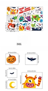 Detailed size chart for Halloween static stickers with pumpkin and ghost motifs