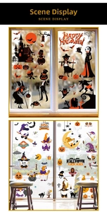 Detail showing silhouettes of haunted castles and cartoon gnomes on Halloween window clings