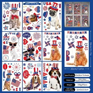 Detail view of American Independence Day static window clings featuring festive cats and dogs