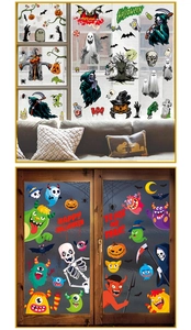 Detail of Halloween window stickers with pumpkins, ghosts, and festive bats for decoration