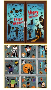 Halloween window clings set featuring spooky black silhouettes and colorful cartoon monsters