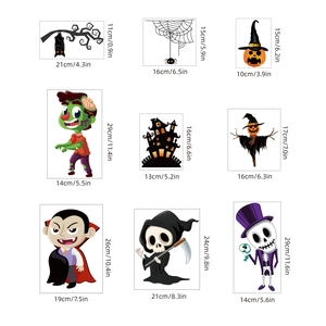 Detailed size chart for nine different Halloween static window stickers with measurements