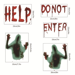 Detailed dimensions for Halloween bloody window stickers featuring HELP and handprint motifs