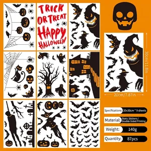 Detail of 9-sheet Halloween window clings showing 87 pumpkin and ghost static stickers