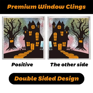 Detail showing Halloween static window clings with double-sided castle and spooky tree design
