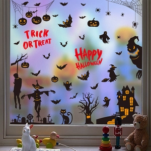 Halloween static window clings set with black pumpkin, ghost and bat silhouette decorations