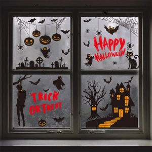 Halloween window stickers featuring black pumpkin, ghost, and bat silhouettes for festive decor