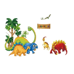 Wandsticker-Set mit bunten Cartoon-Dinosauriern und Palmen für das Kinderzimmer