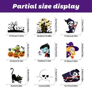 Size chart for 9 Halloween window clings including pumpkin and ghost motifs with dimensions
