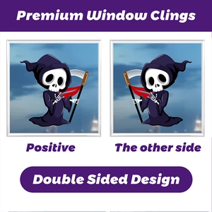 Double-sided Halloween window sticker featuring a cartoon Grim Reaper with a purple cloak