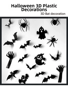 Detailed view of 3D black Halloween wall stickers featuring bats, ghosts and spiders