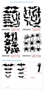 Detailed dimensions of 3D Halloween wall stickers featuring black bats and spiders