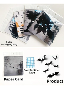 3D black bat wall sticker set with double-sided tape and scene cards for Halloween decor