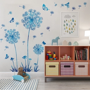 Blue dandelion wall decals with butterflies for living room bedroom home wall decoration