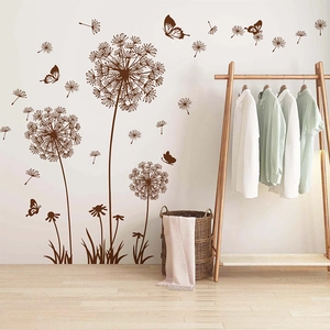 Brown dandelion wall stickers with butterflies for living room bedroom home wall decor