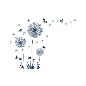 Navy blue dandelion wall decals with flying seeds and butterflies for living room decor