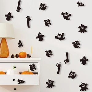 3D Halloween wall stickers featuring black silhouettes of ghosts and spooky hands on white walls