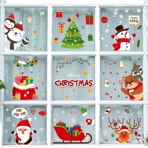 Christmas window decals with Santa Claus, reindeer, and snowman for holiday decoration