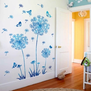 Blue dandelion wall stickers with butterfly accents for living room and bedroom decor
