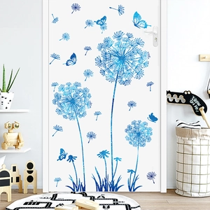 Self-adhesive wall sticker featuring light blue dandelions and flying butterflies for home decor